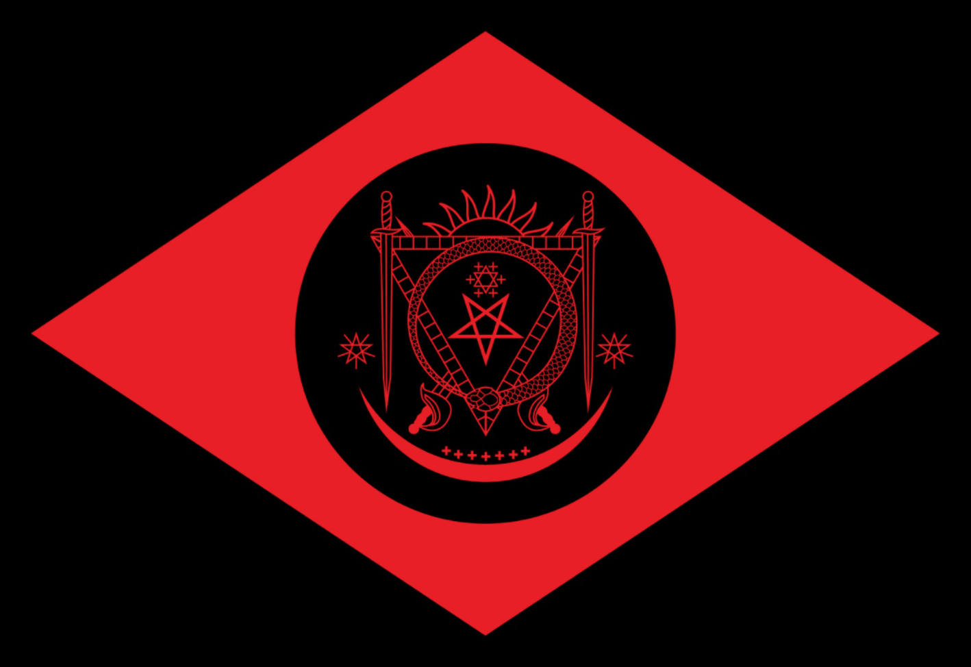 Bandeira da Cova de Cipriano Feiticeiro: losango vermelho sobre fundo preto, com o selo da casa ao centro